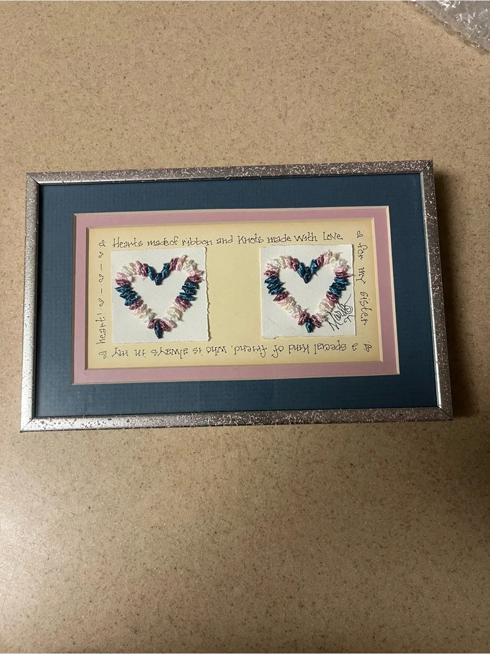 Vintage Dromedary Originals Framed Ribbon Art - Sister - Love - Heart